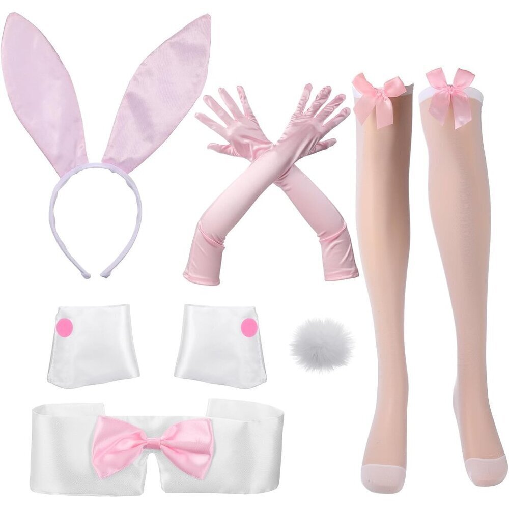Women's Pink Satin Bunny Costume Set Cosplay Accessories Includes Tail